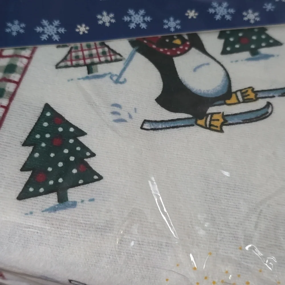 European Flannel Collection - Skiing Holiday Penguins Full Size Sheet Set - NWOT